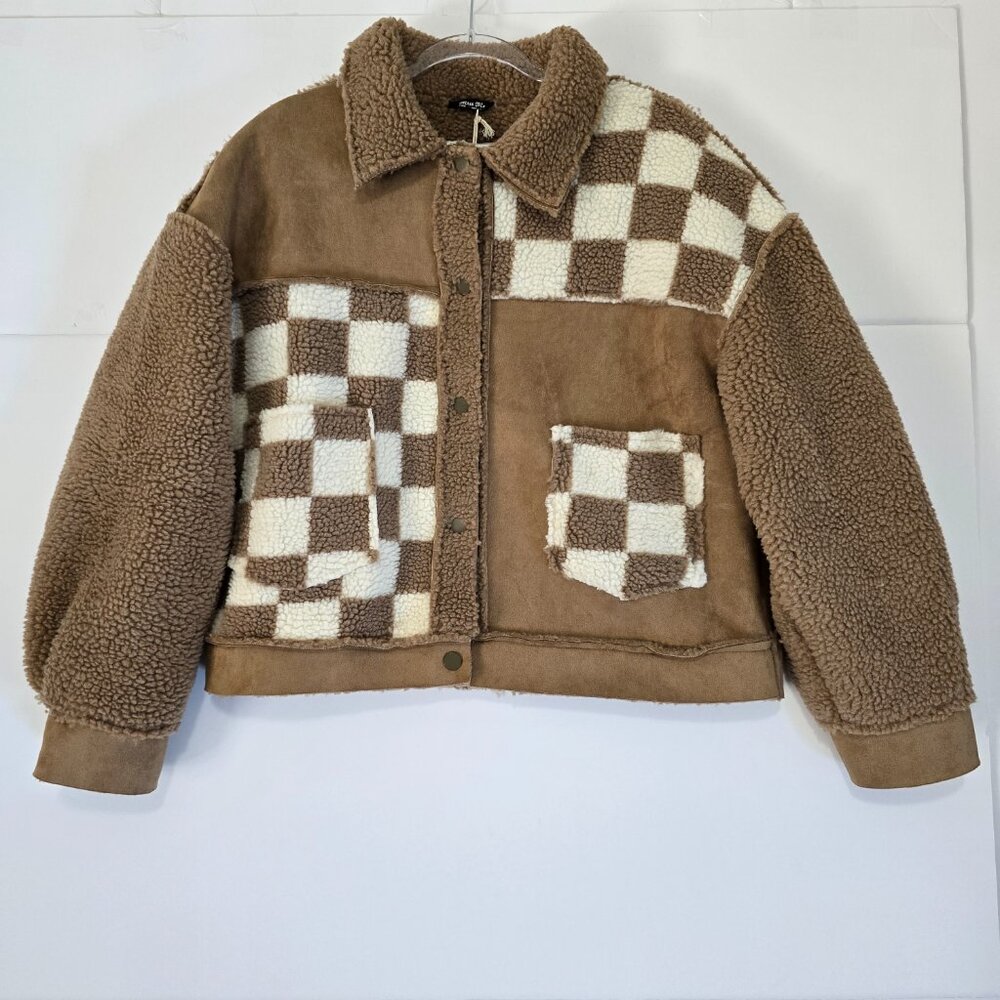 Miss Me Sherpa Jacket L Tan Checkerboard NWT